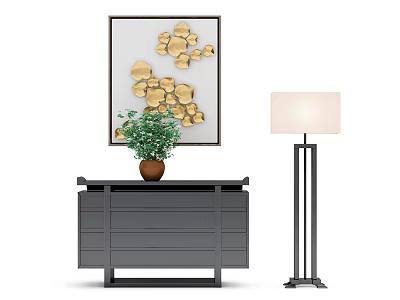 Stylish Entryway Console Table With Potted Plant Wall Art And Floor Lamp Decoration 3d model