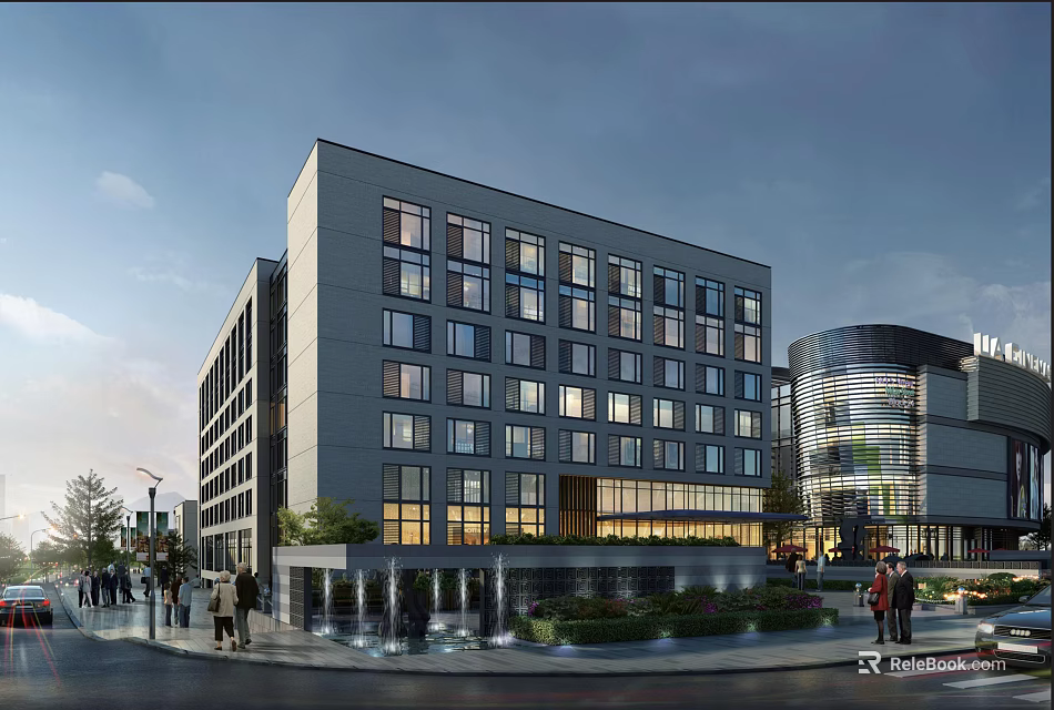 Modern Office Building Exterior Featuring Glass Facade Multiple Windows And Urban Street Greenery 3d model 