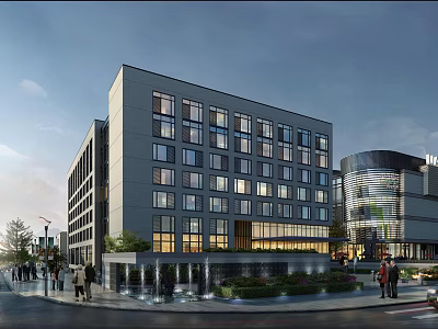 Modern Office Building Exterior Featuring Glass Facade Multiple Windows And Urban Street Greenery 3d model
