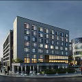 Modern Office Building Exterior Featuring Glass Facade Multiple Windows And Urban Street Greenery