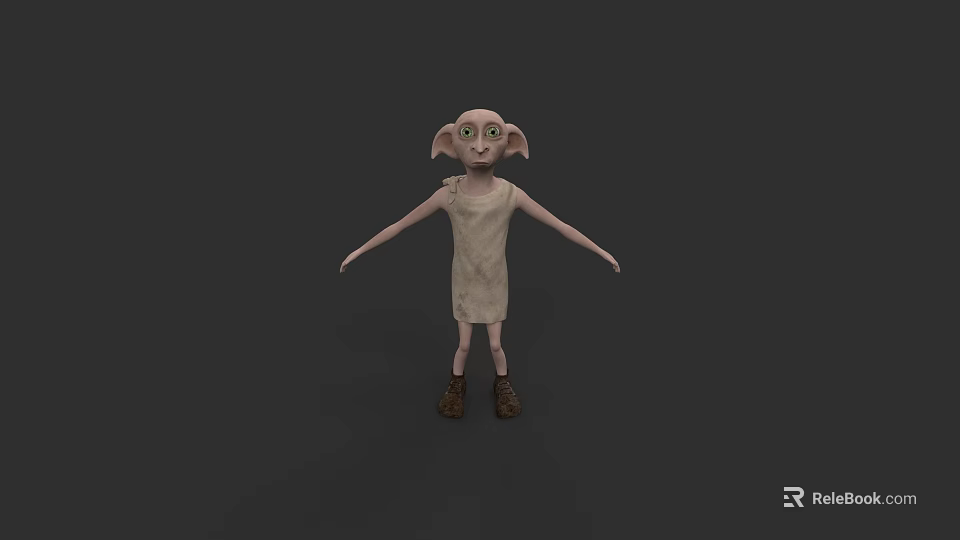 Game and Movie Character With Big Green Eyes Pointy Ears Light Dress Brown Boots 3d model 