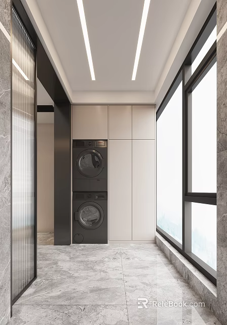 Home Balcony Modern Design With Stacked Washer Dryer White Storage Cabinets And Large Windows 3d model 