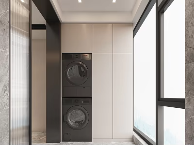 Home Balcony Modern Design With Stacked Washer Dryer White Storage Cabinets And Large Windows 3d model