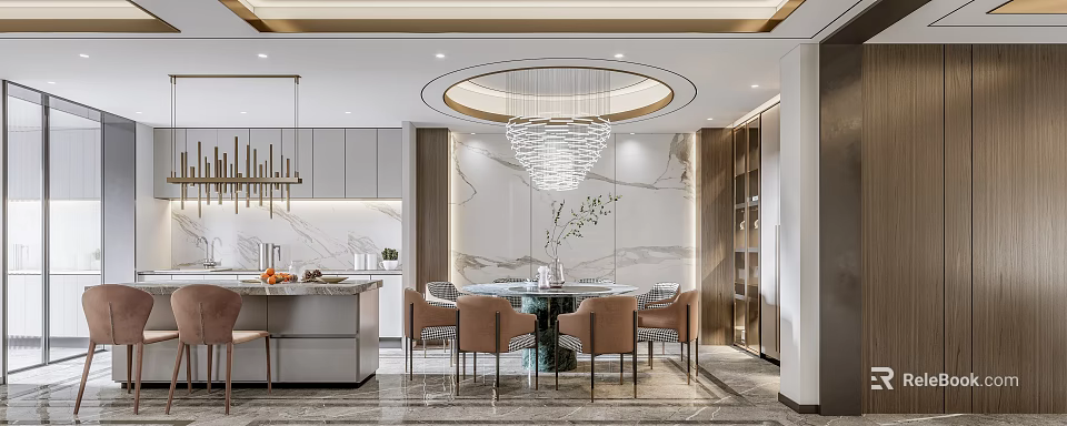 Elegant Modern Restaurant Interior With Marble Wall Round Dining Table And Chandelier 3d model