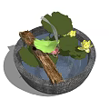 Natural Stone Circular Fish Tank With Lotus Leaves Flowers And Wooden Log In Clear Water