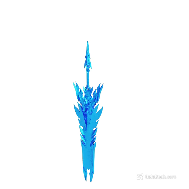 Blue Crystal Sword Featuring Spiked Top And Leaf Shaped Decorations 3d model 