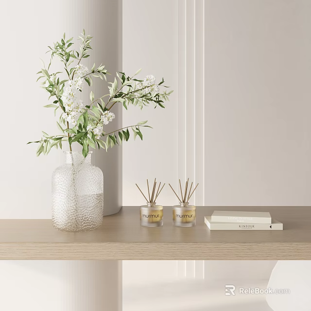 Decorative Ornament Set With Glass Vase Green Branches White Flowers Fragrance Jars And Books 3d model 