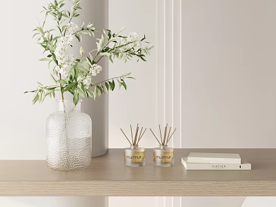 Decorative Ornament Set With Glass Vase Green Branches White Flowers Fragrance Jars And Books 3d model