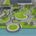 Urban Park Landscape With Curved Pathways Green Lawns Trees And People Walking