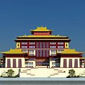 Traditional Chinese School Building With Yellow Roof Red Walls Multiple Floors Steps And Trees