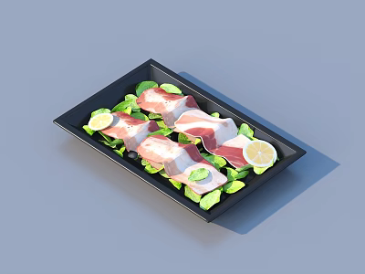 Fresh Ham Slices with Lemon Slices and Green Leaves on Black Tray 3d model