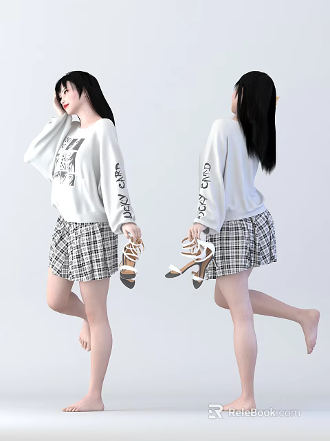 Woman Wearing White Sweatshirt With Graphics And Plaid Skirt Holding High Heels 3d model 