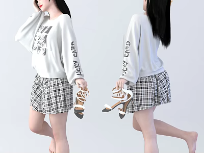 Woman Wearing White Sweatshirt With Graphics And Plaid Skirt Holding High Heels 3d model