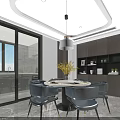 Modern Dining and Living Room Interior With Round Table Gray Chairs Yellow Flowers And Bookshelves