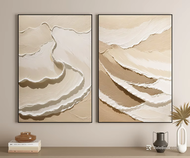 Abstract Decorative Paintings With Beige Light Brown Wave Texture Side By Side On Wall 3d model
