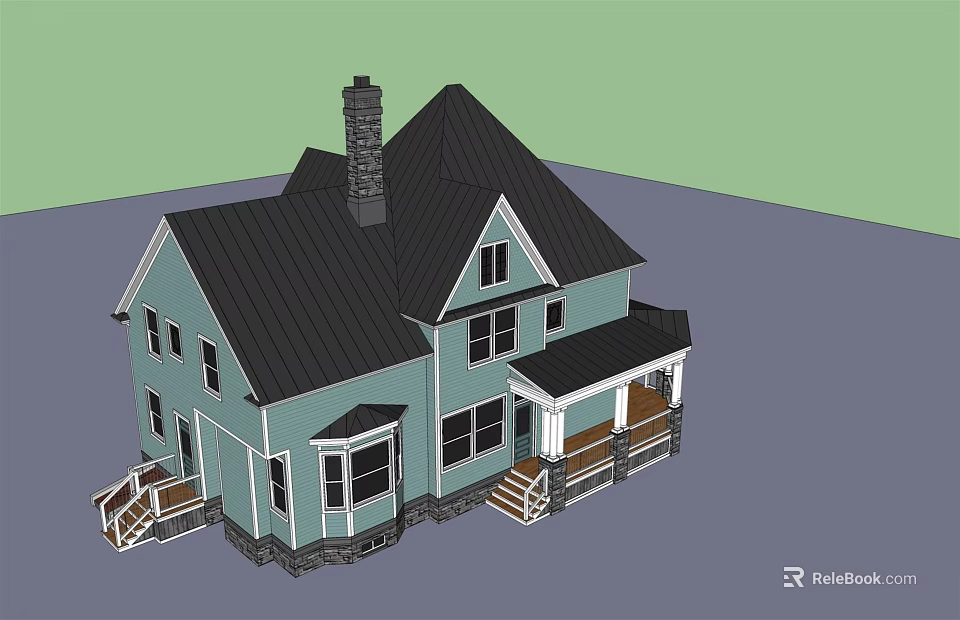 Light Blue Exterior Single Family House With Black Roof Chimney Porch And Windows 3d model 