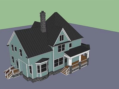 Light Blue Exterior Single Family House With Black Roof Chimney Porch And Windows 3d model