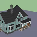 Light Blue Exterior Single Family House With Black Roof Chimney Porch And Windows
