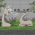 Silver Deer Landscape Sculptures in Garden Courtyard with Green Lawn and Purple Flowers