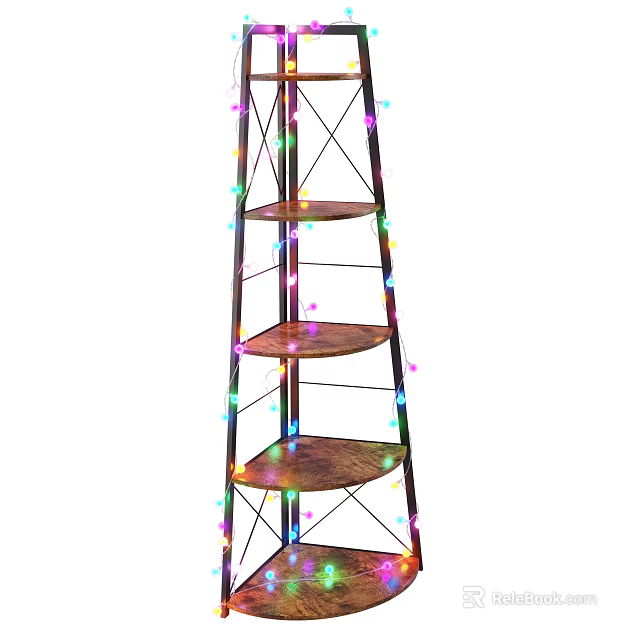 Decorative Shelf Unit With Metal Frame Wooden Shelves And Colorful String Lights 3d model 