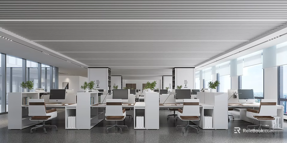 Modern Public Office Area With Desks Computers Green Plants White Partitions And Large Windows 3d model