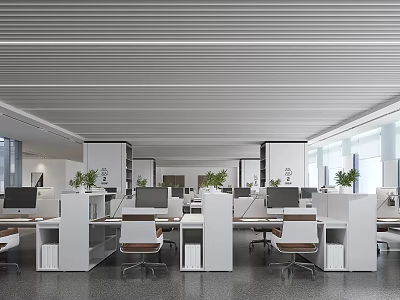 Modern Public Office Area With Desks Computers Green Plants White Partitions And Large Windows 3d model