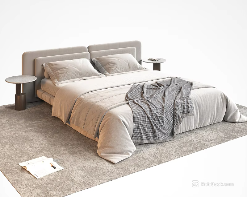 Modern Double Bed Featuring Gray Headboard Two Pillows Light Bedding And Round Nightstands 3d model 