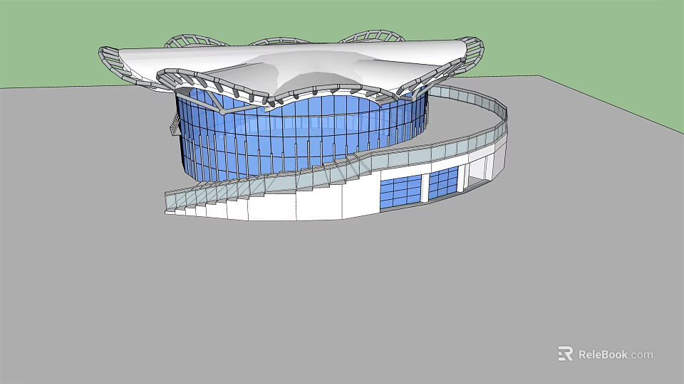 Modern Architectural Building Exterior Featuring Blue Glass Curtain Wall Unique White Roof And Spiral Structure 3d model 
