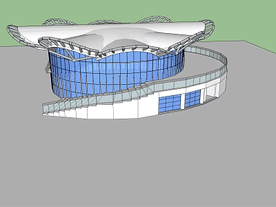 Modern Architectural Building Exterior Featuring Blue Glass Curtain Wall Unique White Roof And Spiral Structure 3d model