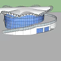 Modern Architectural Building Exterior Featuring Blue Glass Curtain Wall Unique White Roof And Spiral Structure