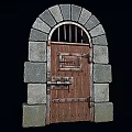 Medieval Stone Arch Door Structure With Wooden Panel Iron Bars And Metal Hinges