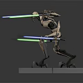 Futuristic Four Armed Robot With Blue And Green Lightsabers On Gray Platform