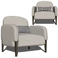 Stylish Light Gray Linen Upholstered Single Sofa with Curved Armrest Wooden Legs and Checkered Pillow