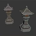 Traditional Japanese Style Stone Lanterns With Hexagonal Pedestal And Lattice Light Design
