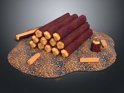 Stacked Natural Wood Logs on Stone Base with Scattered Wooden Pieces 3d model