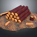 Stacked Natural Wood Logs on Stone Base with Scattered Wooden Pieces
