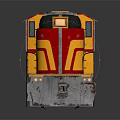 Vibrant Red And Yellow Train Locomotive With Shiny Metal Surface And Reflective Base
