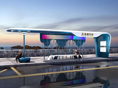 Modern Coastal Bus Station with Shelter Seats and Sea View at Sunset 3d model