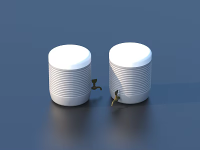 Two White Cylindrical Objects with Striped Design and Metallic Small Parts in Modern Minimalist Setting 3d model