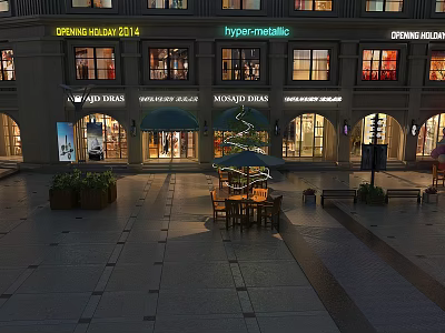 Spring Fair 2024 Commercial Street With Lit Shop Windows Outdoor Seating And Christmas Tree 3d model