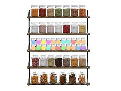 Organized Food Storage Shelf with Glass Jars Containing Various Spices and Grains 3d model