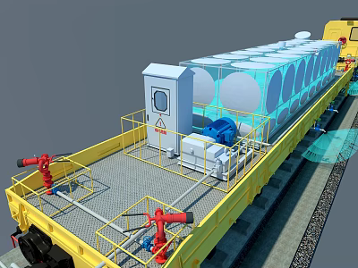 Mobile Fire Fighting Equipment With Yellow Platform Railway Track And Water Tanks 3d model