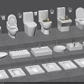 Various Toilet Models with Sinks in Tiered Bathroom Product