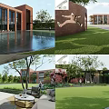 Modern White Curved Feature Wall Outdoor Design With Greenery Trees Grass Pathway And People