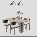 Modern Minimalist Dining Table Set With Four Chairs Pendant Lights Green Plant And Fruit Plate