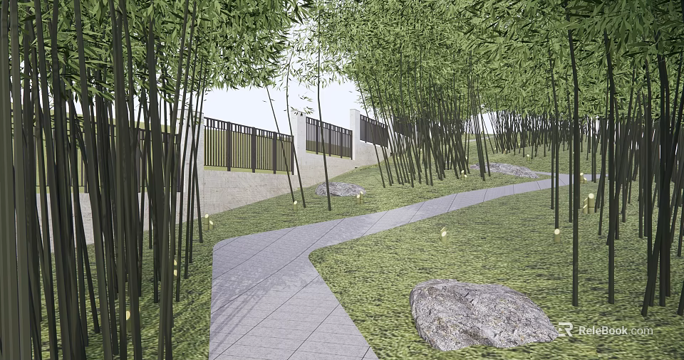 Bamboo Grove Landscape Design With Curved Path Grass Rocks Fence And Lights 3d model 