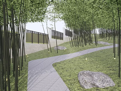 Bamboo Grove Landscape Design With Curved Path Grass Rocks Fence And Lights 3d model