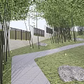 Bamboo Grove Landscape Design With Curved Path Grass Rocks Fence And Lights