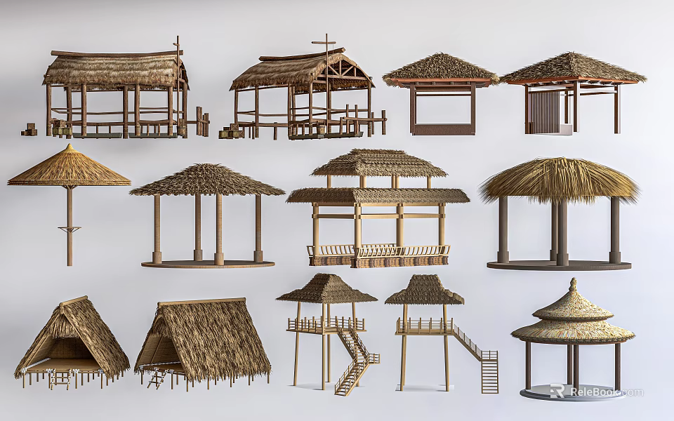 Traditional Wooden Houses With Thatch Roofs And Various Architectural Designs 3d model 