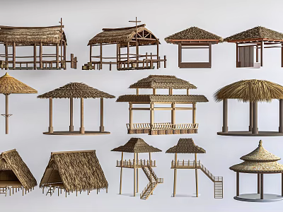 Traditional Wooden Houses With Thatch Roofs And Various Architectural Designs 3d model